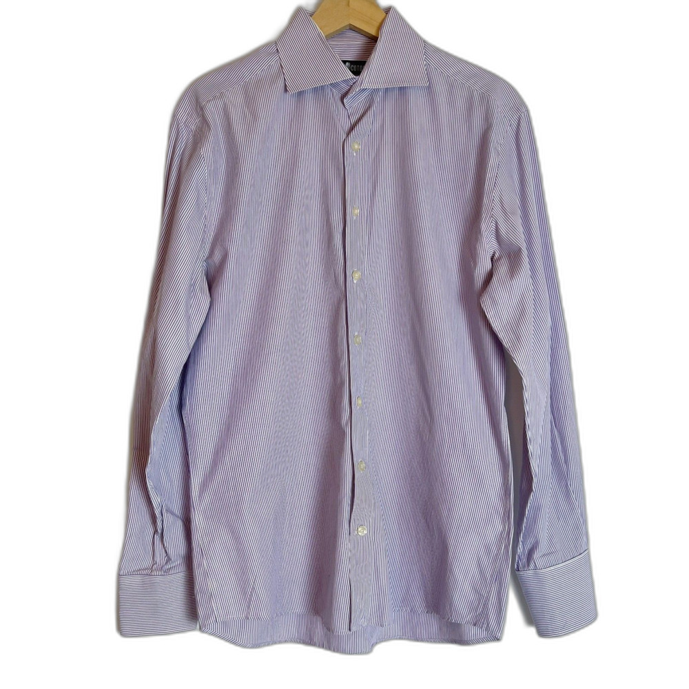 Cafe Coton Men's Purple White Striped Button Down Long Sleeve Shirt Size 15 3/4